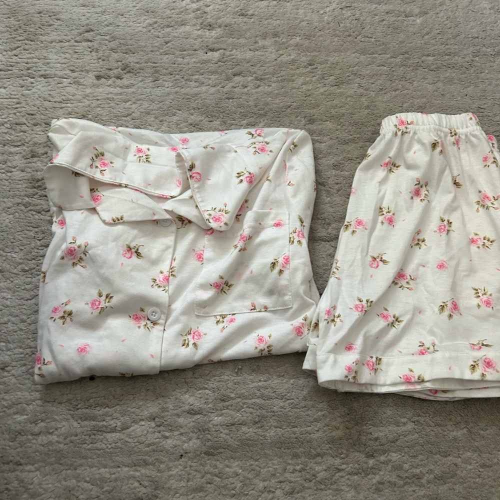 Cream Floral Pajama Set with Pink Rose Print